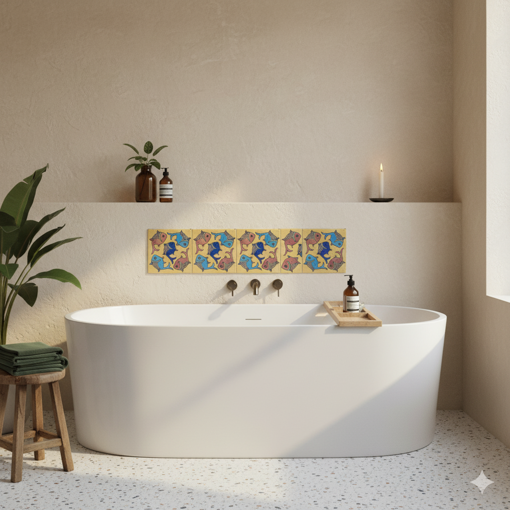 Modern bathroom with a freestanding bathtub, decorative wall art, and plants.