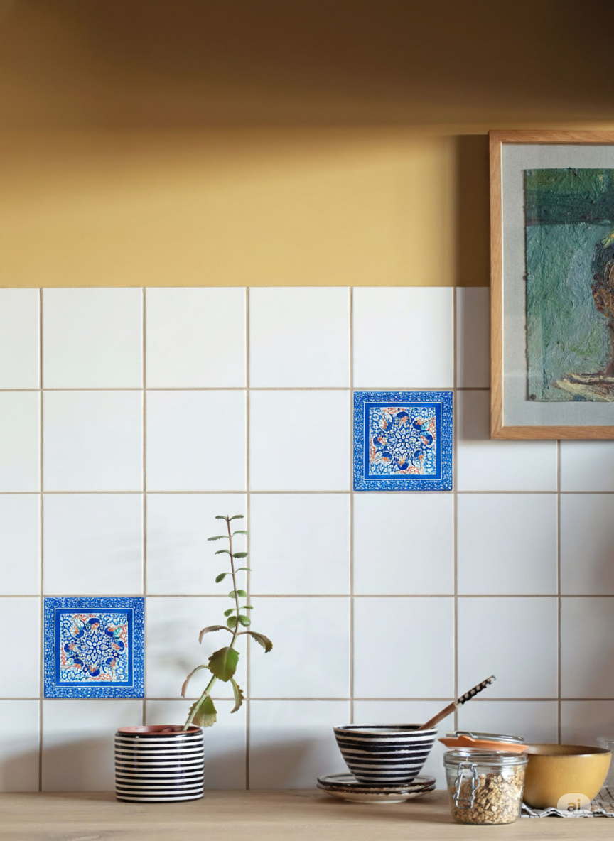 Kitchen wall with white tiles, yellow stripe, and decorative blue tiles.