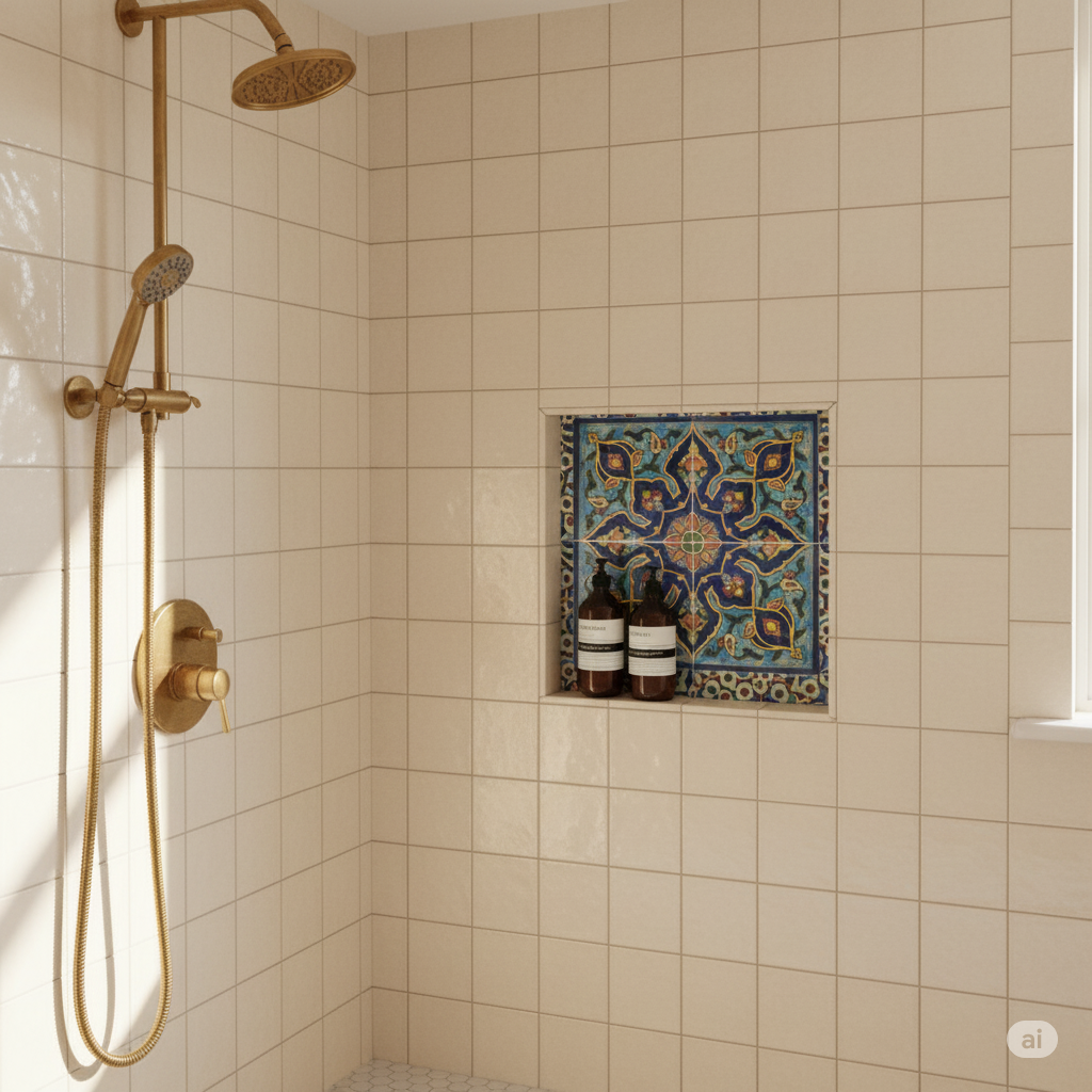 Shower area with gold fixtures and a decorative tile panel.