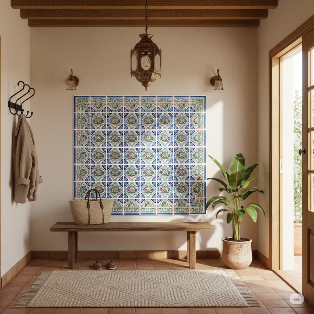 Nest interior with wooden bench, patterned rug, and decorative wall tiles.
